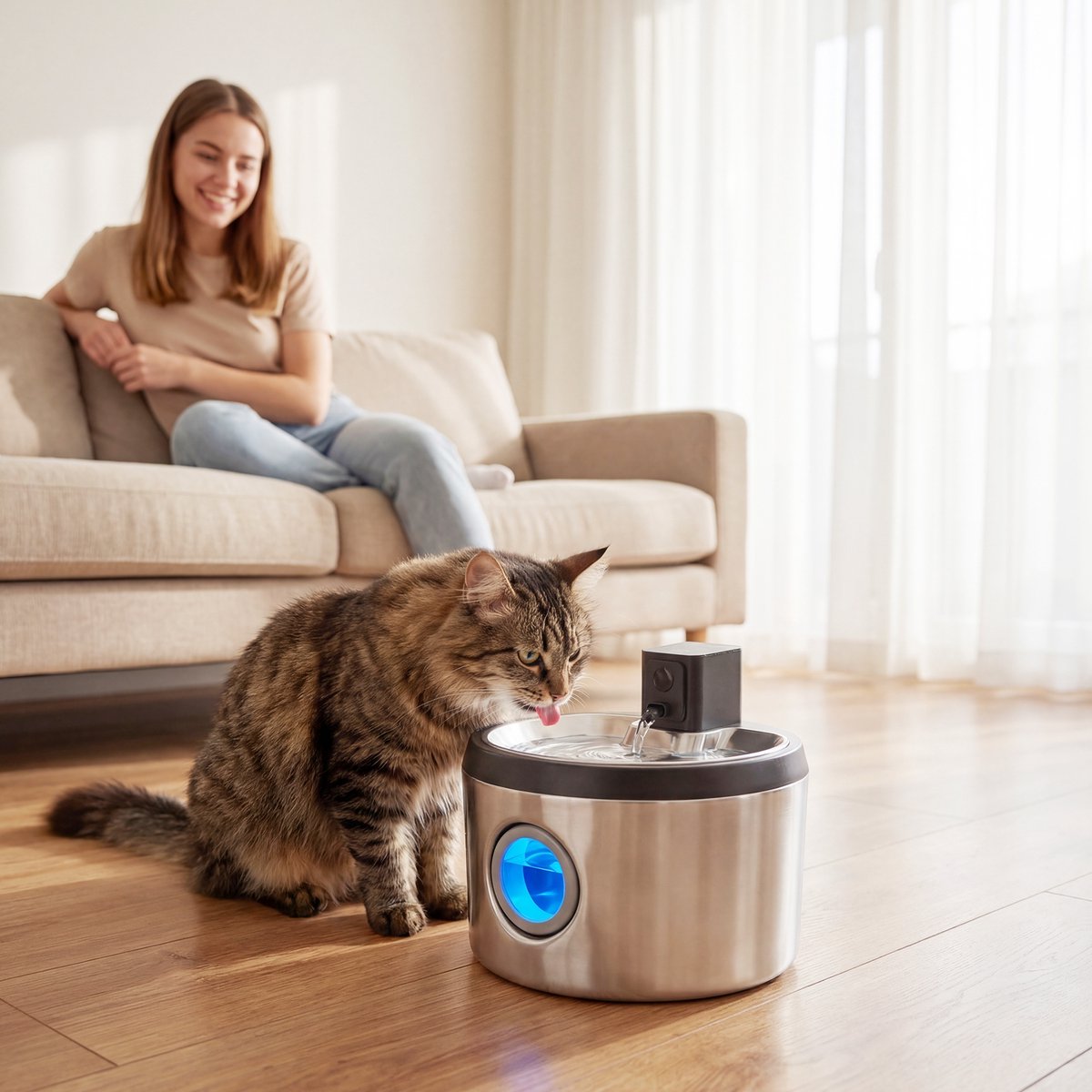 4 l draadloze roestvrijstalen kattenwaterfontein met bewegingssensor, 6 filters, dubbel filtersysteem, led, zilver thumbnail 3