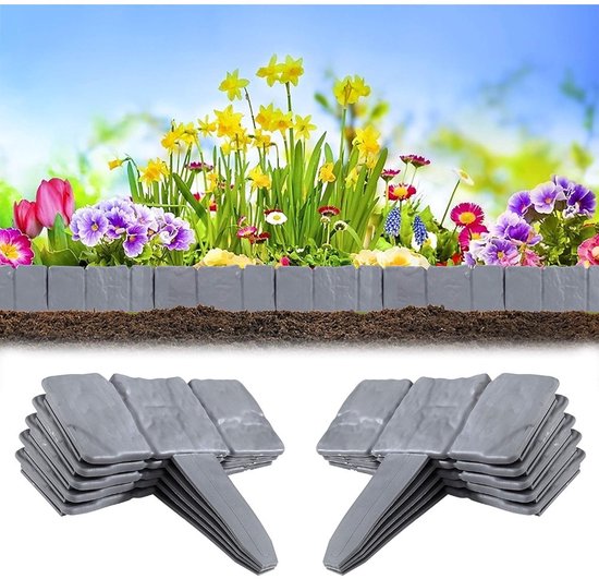Lot de 30 Bordures de Jardin - Aspect Pierre Grise - Bordure de Pelouse en Plastique - Facile à Installer - Pour Parterres de Fleurs et Délimitation de Pelouse - Décoration et Finition de Jardin