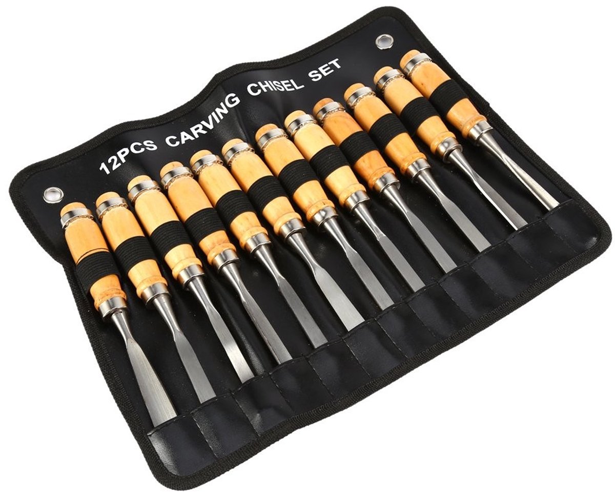 Dailygoods- Steekbeitelset 12 Stuks - Hout Snijgereedschap - Hoogwaardig Hout - Gehard Staal - Oprolbare Koffer - Professioneel en Amateurs - Houtsnijgereedschap