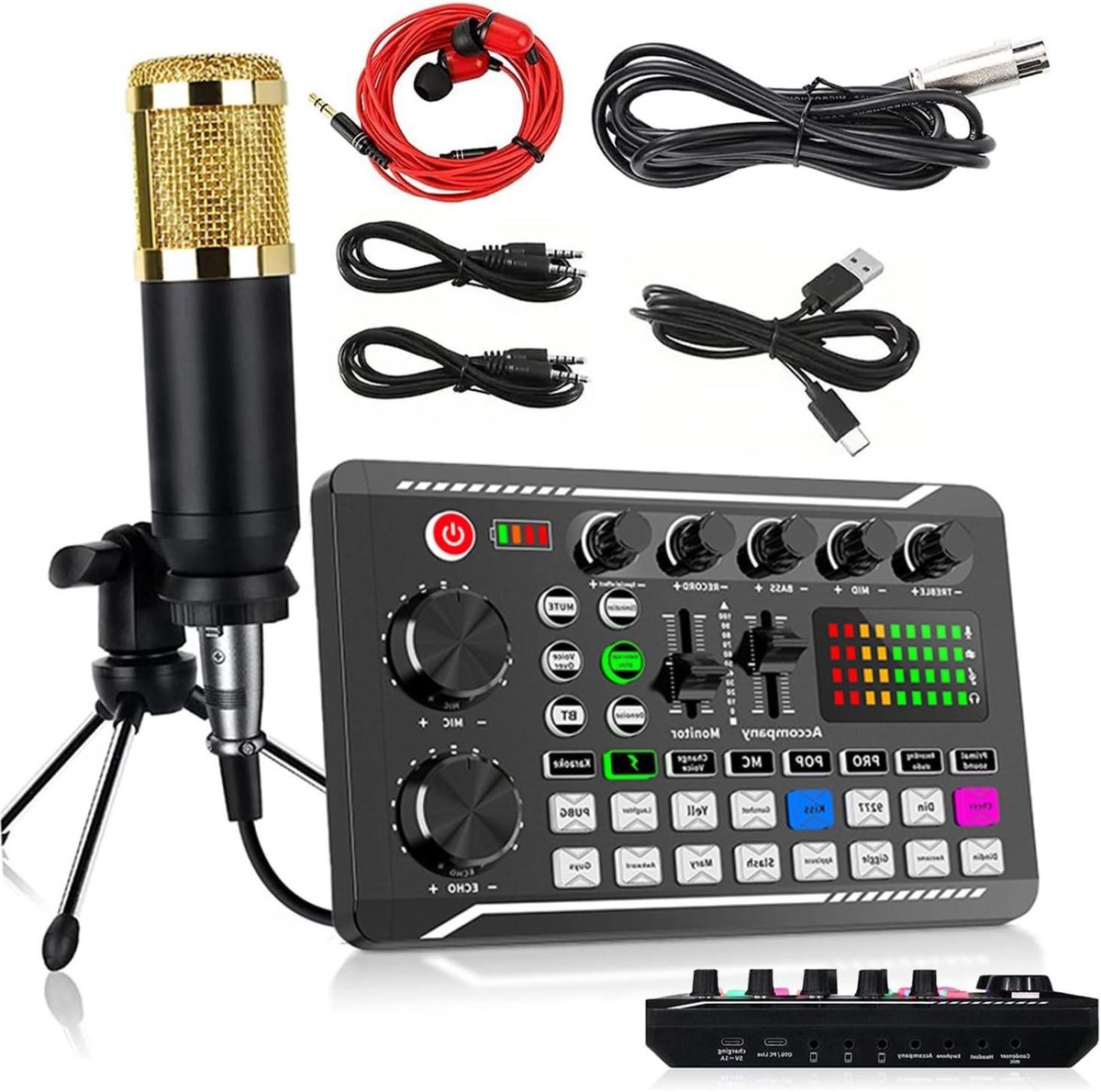 Podcast Microfoon Kit - Geluidskaart Mixer - Studio Opnames - Ruisonderdrukking Knop - 31x25x7 cm - Zwart
