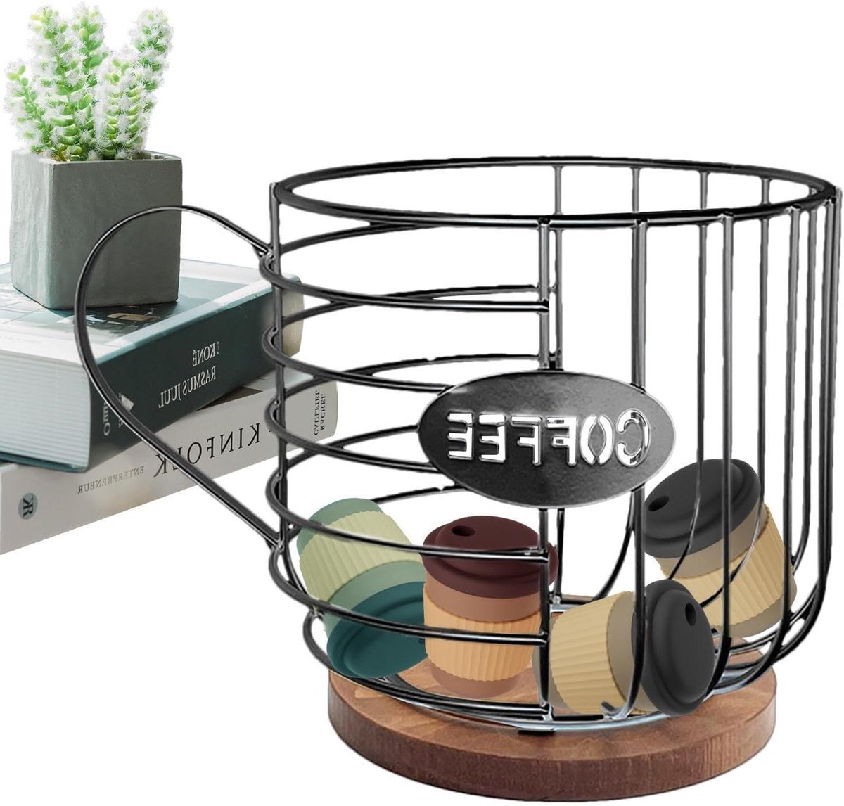 Koffiepadhouder - Koffie organizer - Koffie bewaren - IJzer en hout - 17.7 x 17.7 cm - Zwart