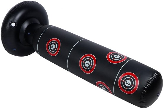 Zwarte opblaasbare bokszak met genummerde rood-witte doelen, schuin liggend op een witte achtergrond.