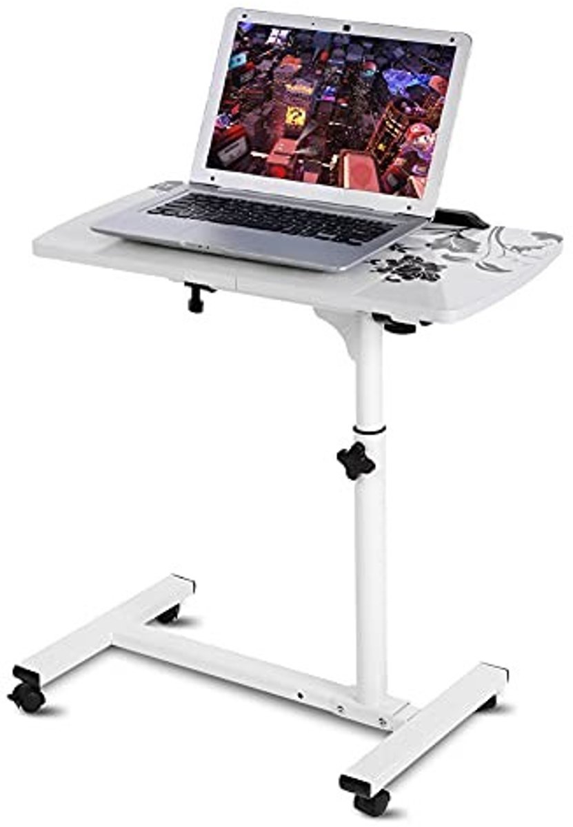 Dailygoods- Bijzettafel Hoogte Verstelbaar - Laptoptafel met Wielen - C-Vorm - Salontafel - Nachtkastje - Metalen Frame