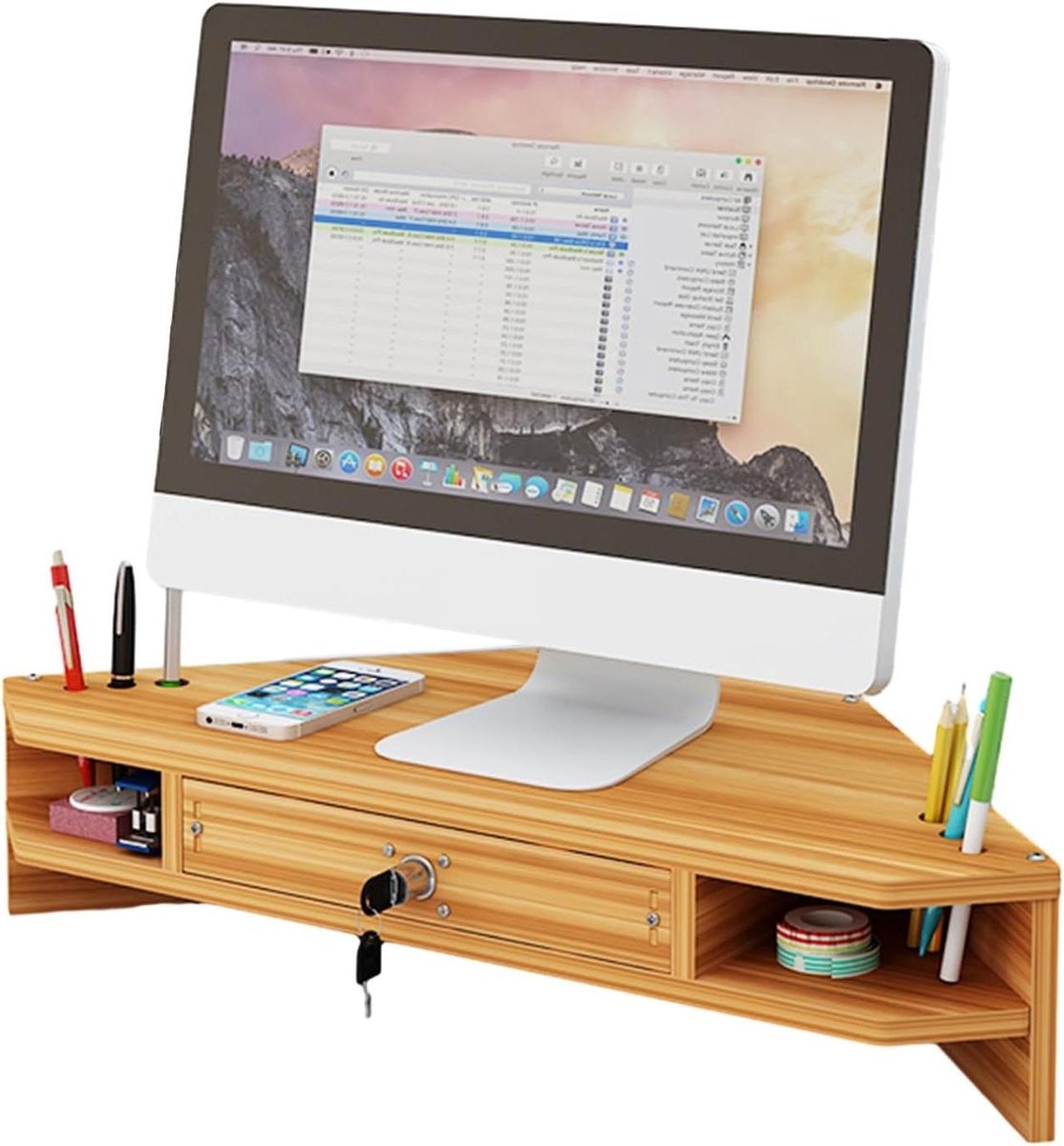 Monitorstandaard Hout - Bureau Verhoger - Bureau Organiseren - Met Lade - 562 cm Breed - Bruin
