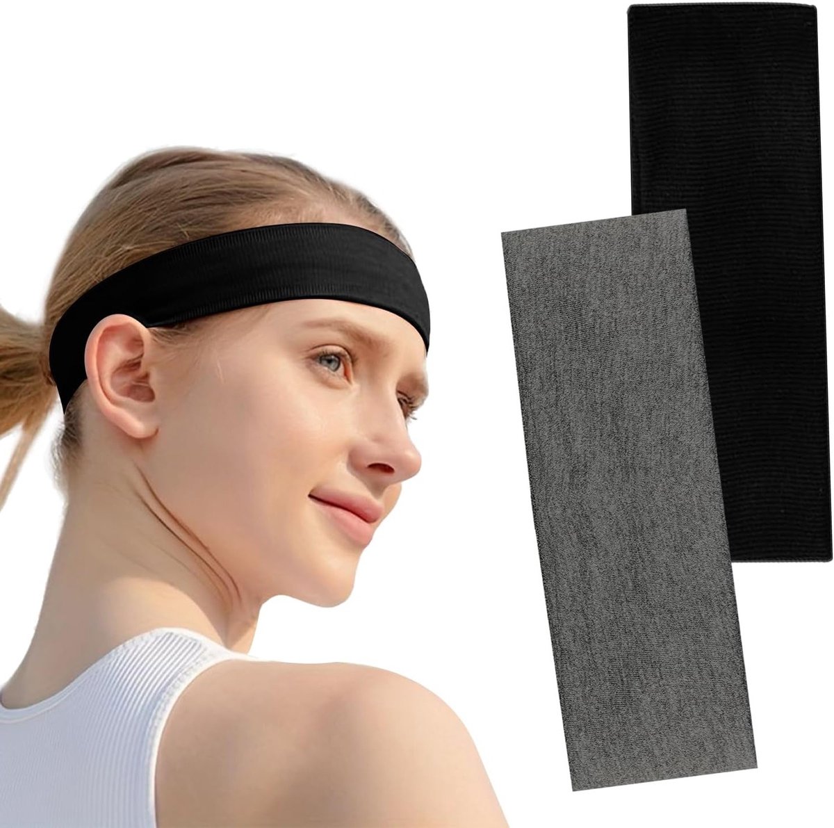 Stijlvolle Zwarte Haarbanden voor Dames en Heren, 2 Stuks, Zachte Elastische Haaraccessoires voor Make-up, Yoga en Sportactiviteiten (Zwart & Grijs)