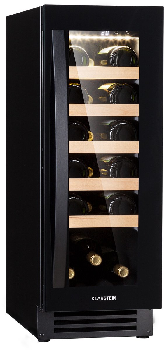 Klarstein Wijnkoeler Vinovilla wijnkoelkast, 1-zone drankkoelkast met glazen deur, stille koelkast, kleine flessenkoeler, wijnkast voor dranken, 5-20°C, 50 liter wijnkoelkast, 20 flessen - 57 cm - Touch Vrijstaand - RVS