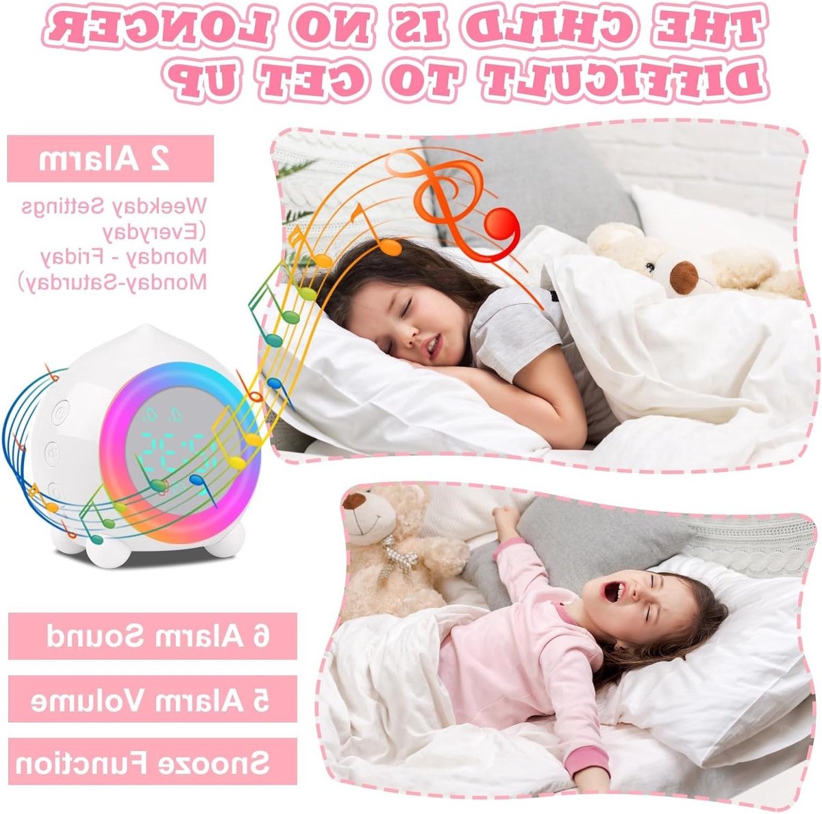 Digitale Weerkleurige Alarmklok voor Kinderen met Nachtlampje, Snoozefunctie en Temperatuurweergave voor Slaapkamer en Studiekamer