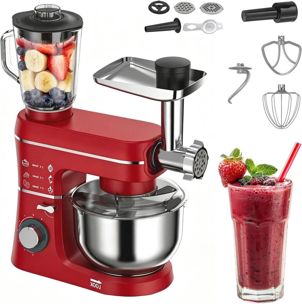 Staande Mixer - Keukenmachine Keukenmixer - Bakken en Koken - 5-in-1 Multifunctioneel - 10 Liter - Rood