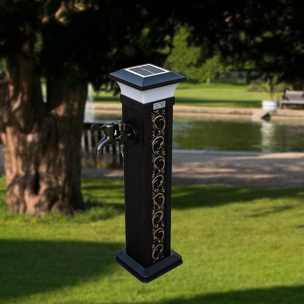Waterkolom met Dubbele Kraan - Buitenwaterkraan Tuinkraan - Tuin Besproeien - Met Zonneverlichting - 66 cm - Metaal