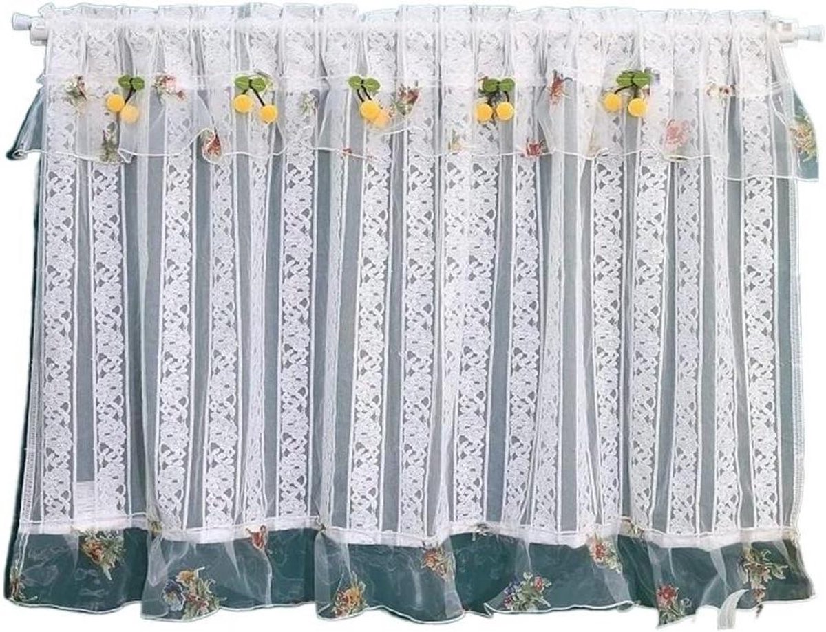 Cafe Gordijnen - Keukengordijn Valletjes - Raamdecoratie - Vintage Kant Bloemen - 135cm x 120cm - Wit