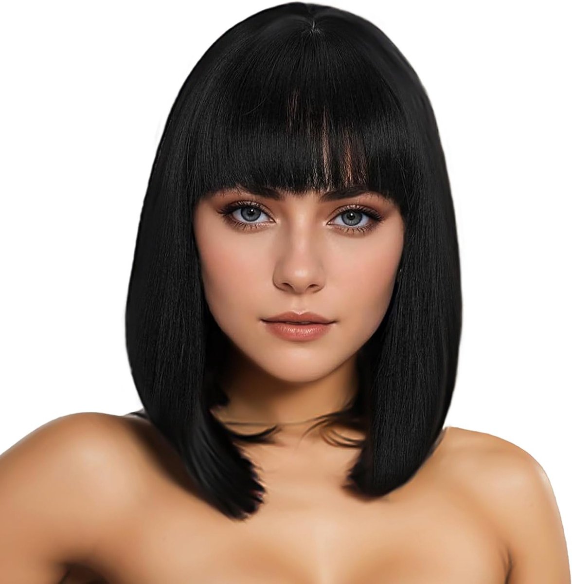 Korte Zwarte Bob Peruk met Pony - Synthetische Peruk voor Vrouwen, Perfect voor Cosplay, Feestjes en Halloween