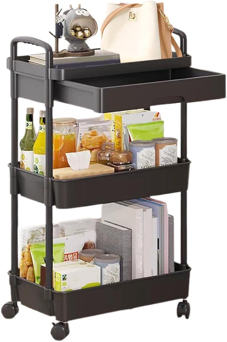 Opbergtrolley met wielen - Rolcontainer Organizer - Huis Organiseren - Drie Laags Met Laden