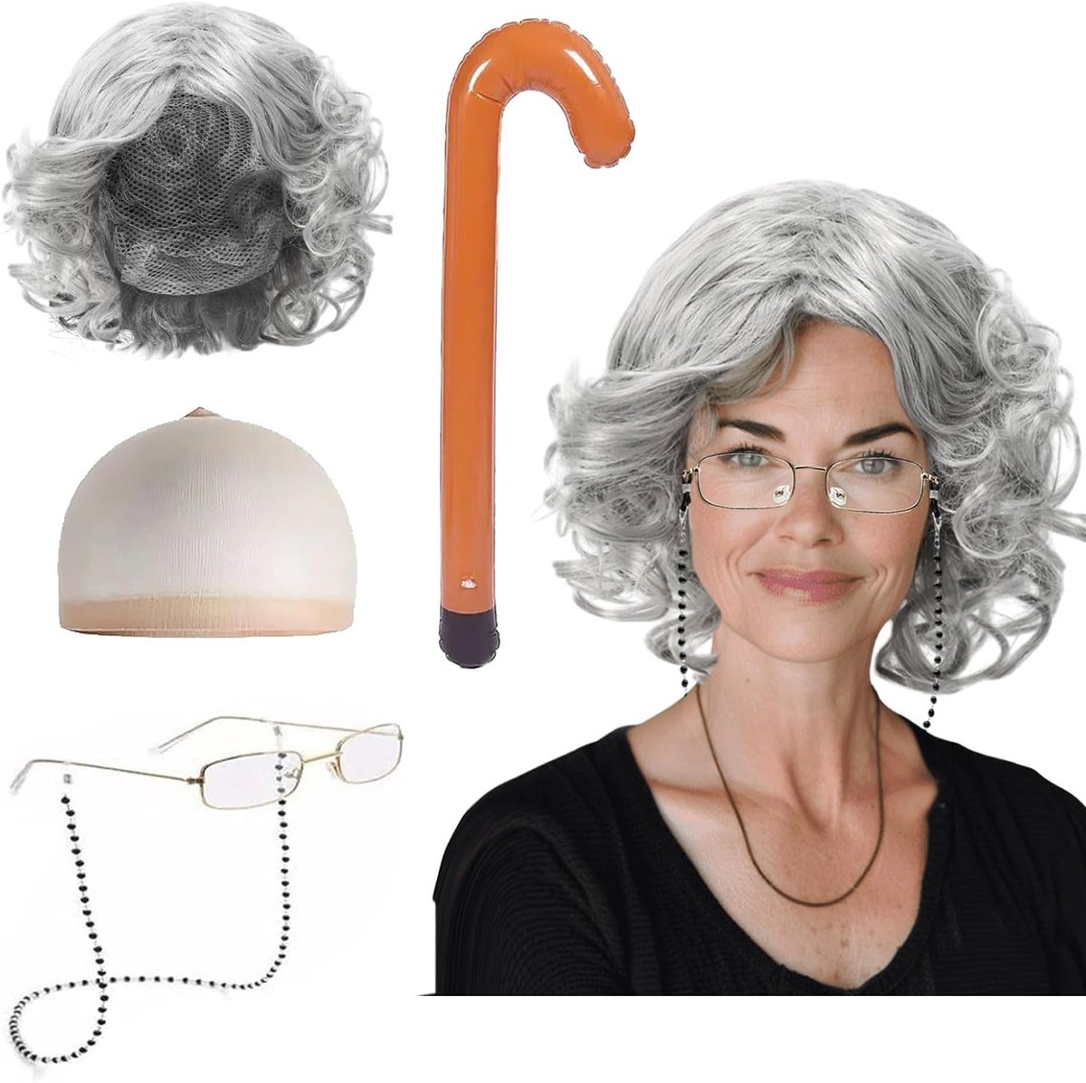 Grijze Oma Kostuum Schort met Peruk, Bril en Ketting - Accessoire Set voor Halloween, Verkleedfeest en Carnaval