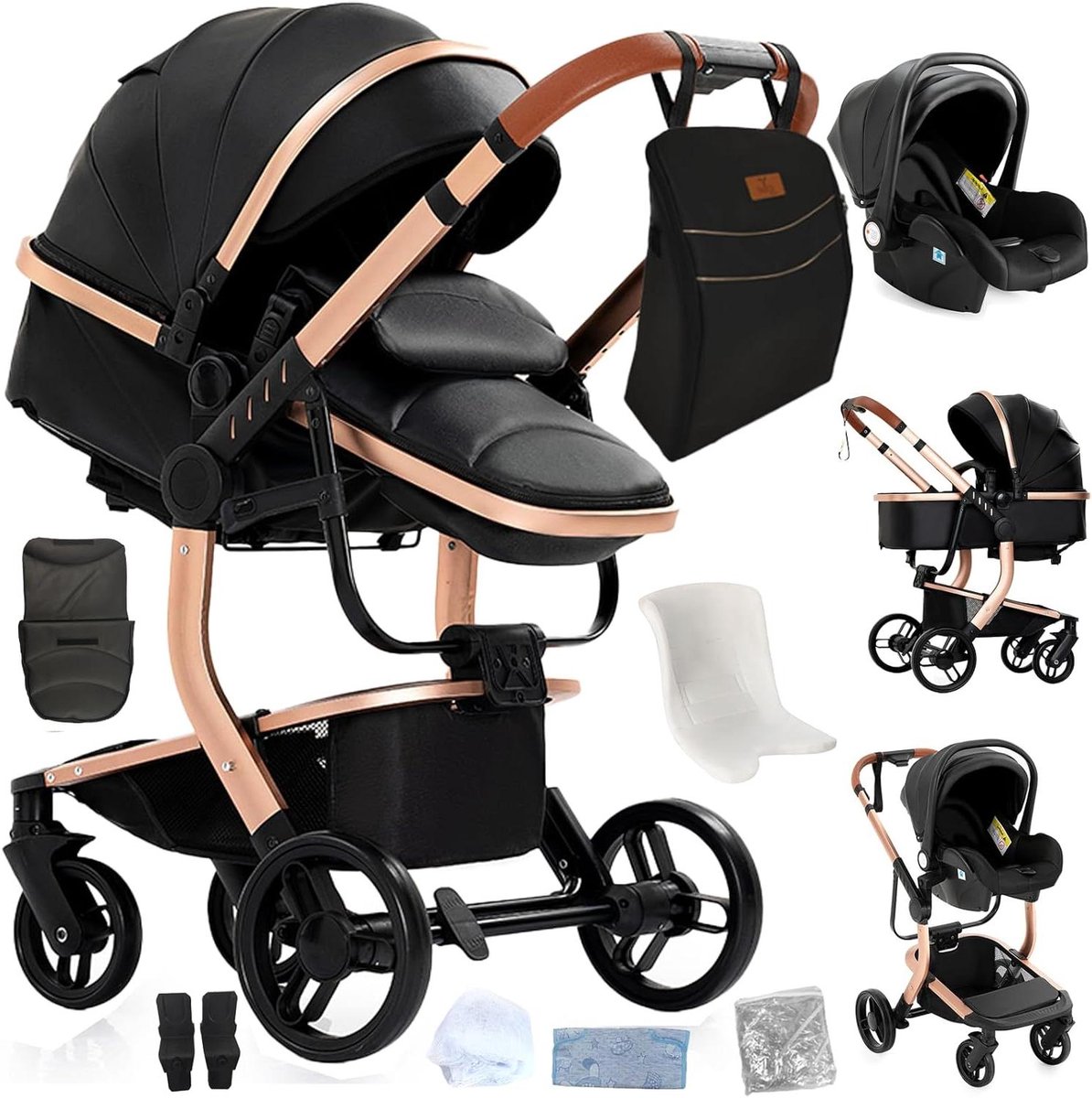 3-in-1 Kinderwagen - Babywagen Reiswieg - Veilig Vervoer - SUV Schokabsorptie - 82 x 61 x 105 cm - Zwart