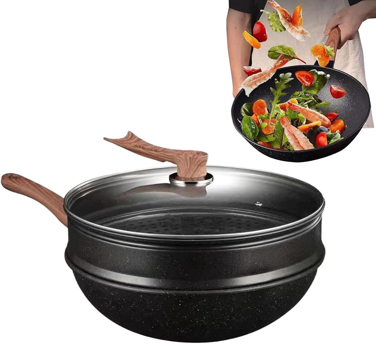 Wokpan Met Deksel - Roerbakpan Campingpan - Veelzijdig Koken - Gelijkmatige Warmteverdeling - 32 cm - Zwart