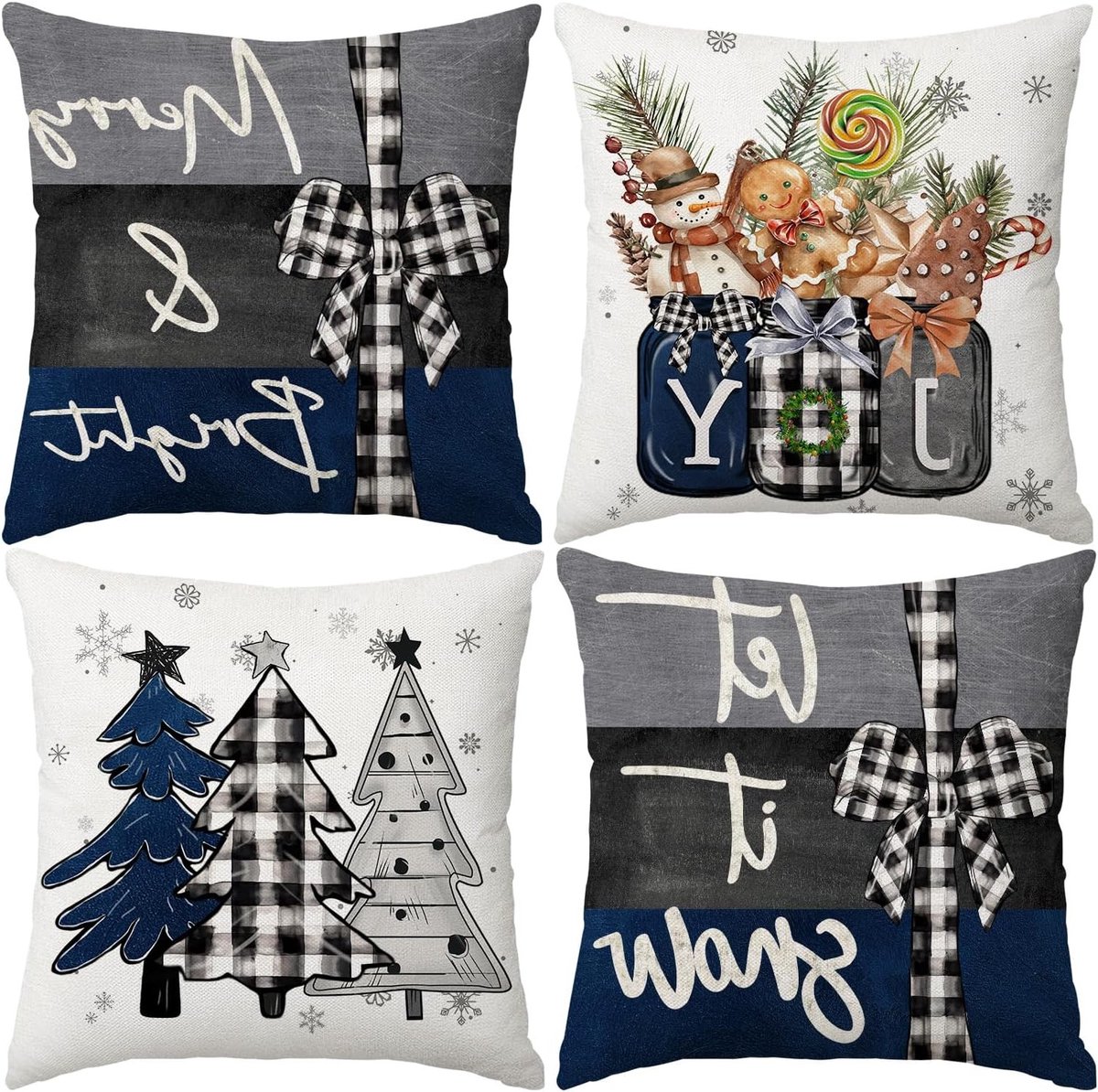 45x45cm Kussenhoezen voor Kerstmis - Feestelijke Kussens met Kerstbomen en Blije Boodschappen - Decoratieve Winter Kussens voor Bank en Sofa, Set van 4