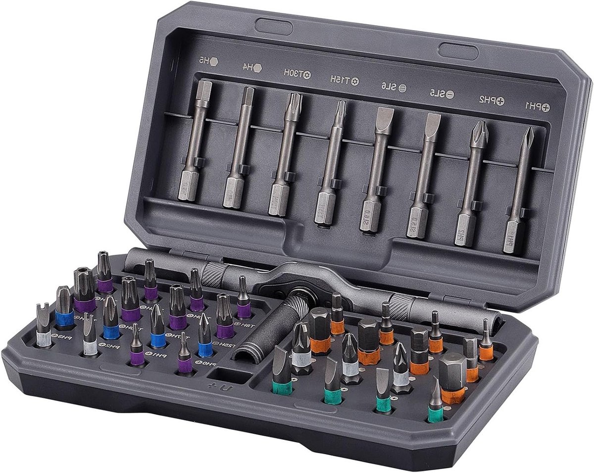 Complete Set van 42 Magnetische Ratchetschroevendraaiers met Precisie Bits en Kleurgecodeerde Opbergdoos - Ideaal voor Meubels, Computers en Fietsen