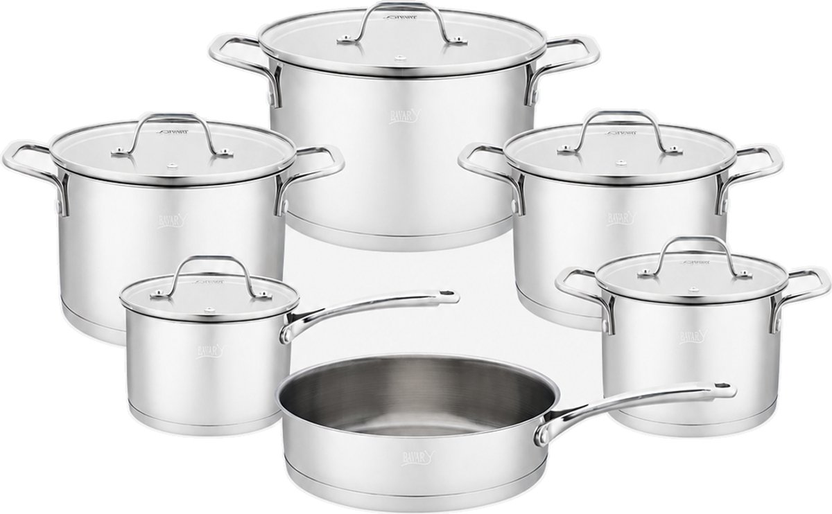 OZ Home Bavary RVS Pannenset - 11-delig - Inductie - 18/10 RVS - Kookpannen - Glasdeksels - Steelpan en Koekenpan - Pannen