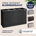 Zwarte polyrattan plantenbak, 95x27x60cm, getoond met drie andere kleuropties: grijs, bruin en beige.
