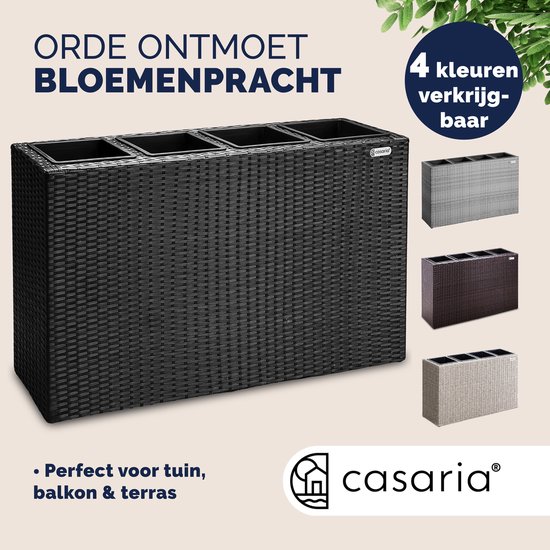 Zwarte polyrattan plantenbak, 95x27x60cm, getoond met drie andere kleuropties: grijs, bruin en beige.