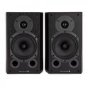 Paar zwarte Wharfedale Diamond luidsprekers met woofer en basspoorten.