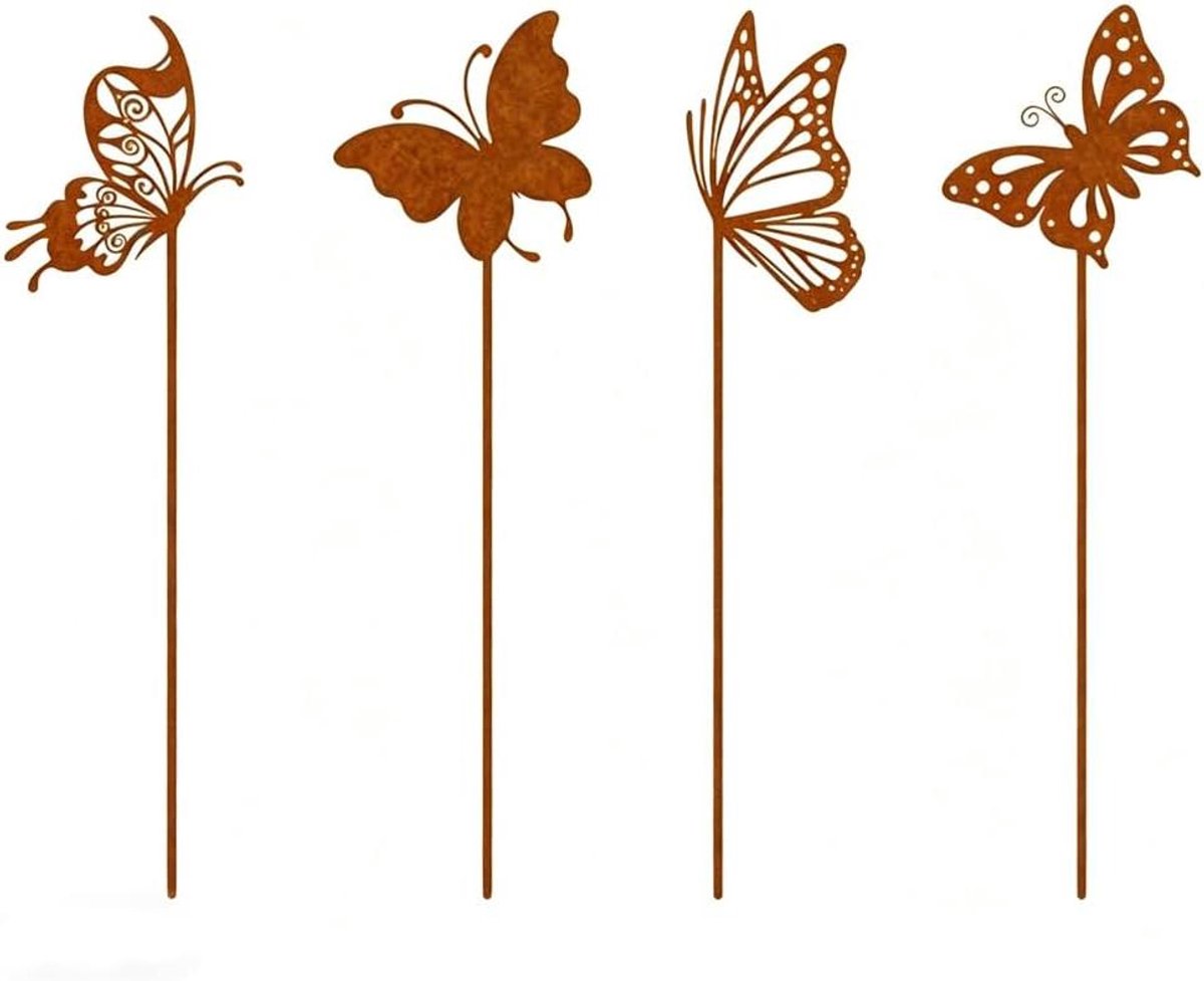 Tuinstekers Vlinder - Tuindecoratie Set - Buiten Verfraaien - Weerbestendig Metaal - 4 Delig - Metallic