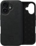 Zwarte lederen back cover voor iPhone 16 met dubbele camera-uitsparing en Rosso logo.