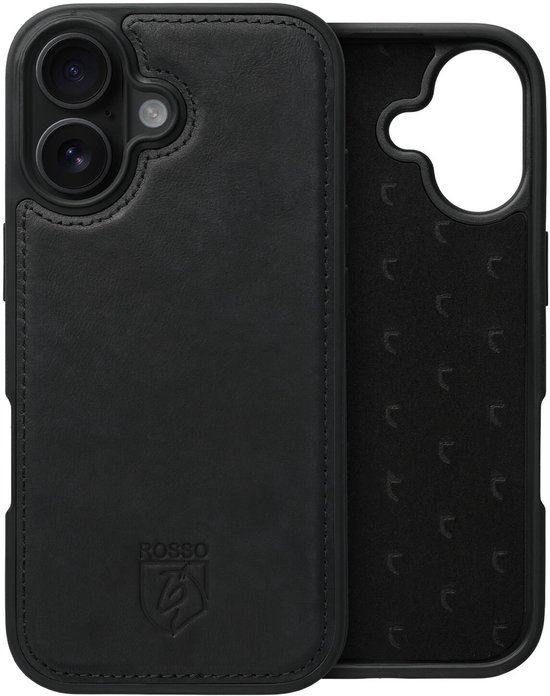 Zwarte lederen back cover voor iPhone 16 met dubbele camera-uitsparing en Rosso logo.