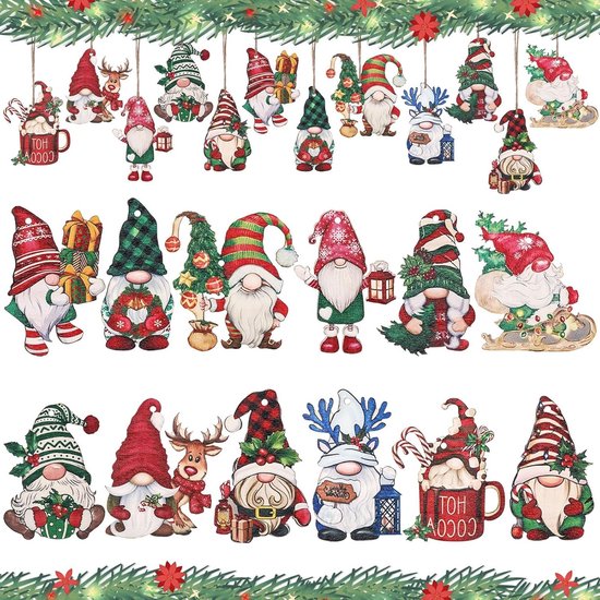 Foto: Houten kerstdecoratie 24 stuks kersthangertjes santa claus versieringen voor de kerstboom en knutselprojecten 12 ontwerpen 
