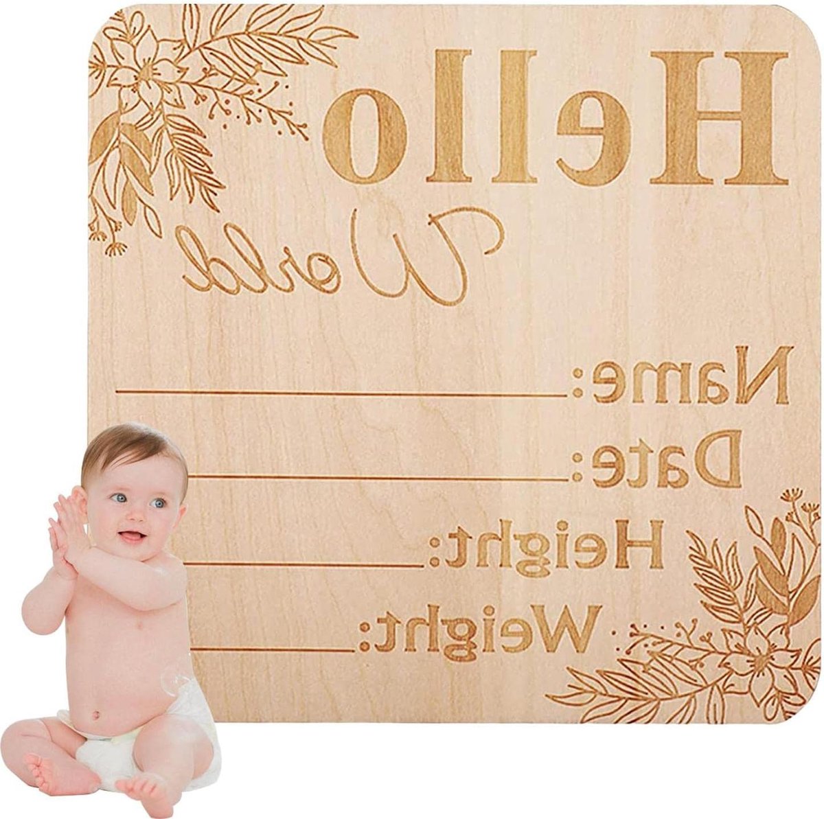 Houten Baby Aankondigingsbord - Geboortebord Baby - Aankondigen Geboorte - Met Ruimte Voor Details - 15 cm - Houtkleur