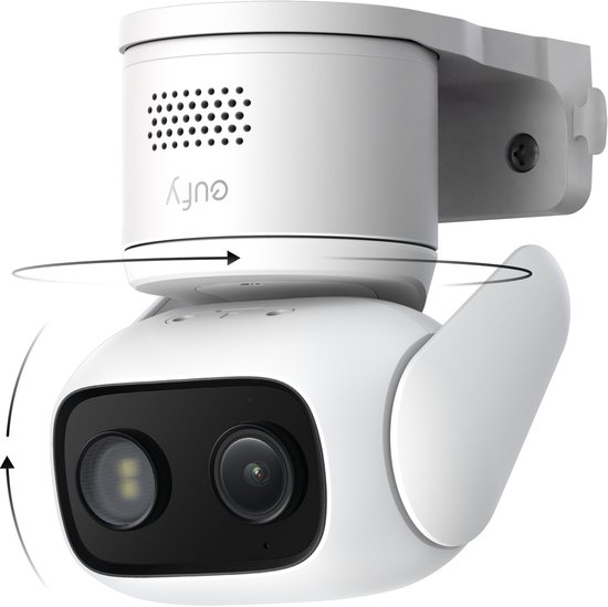 Witte eufy camera op montagebeugel. De camera kan draaien en kantelen, met een lens en een infraroodlamp.