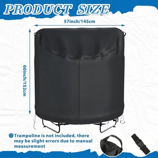Afmetingen zwarte trampolinehoes: 145 cm breed en 152 cm hoog.