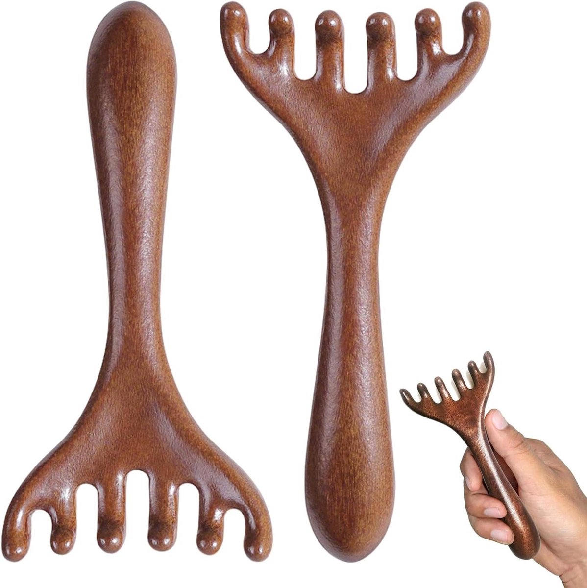 Massage Kam - Hoofdmassager Hout - Stress Verlichten - Zes Klauwen Ontwerp - 15 x 7.5 cm - Houtkleur