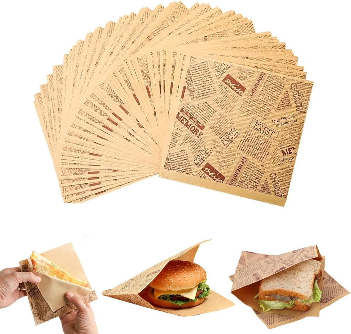 150 Stuks Deli Papier Vellen 18x18cm voor Snacks, Burgers, Frietjes en Taarten, Ideaal voor Catering en Feestjes