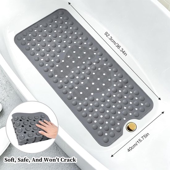 Siliconen badmat - Antislipmat douche - Veilig douchen - Met massageknoppen - 92 x 40 cm - Grijs — afbeelding 4