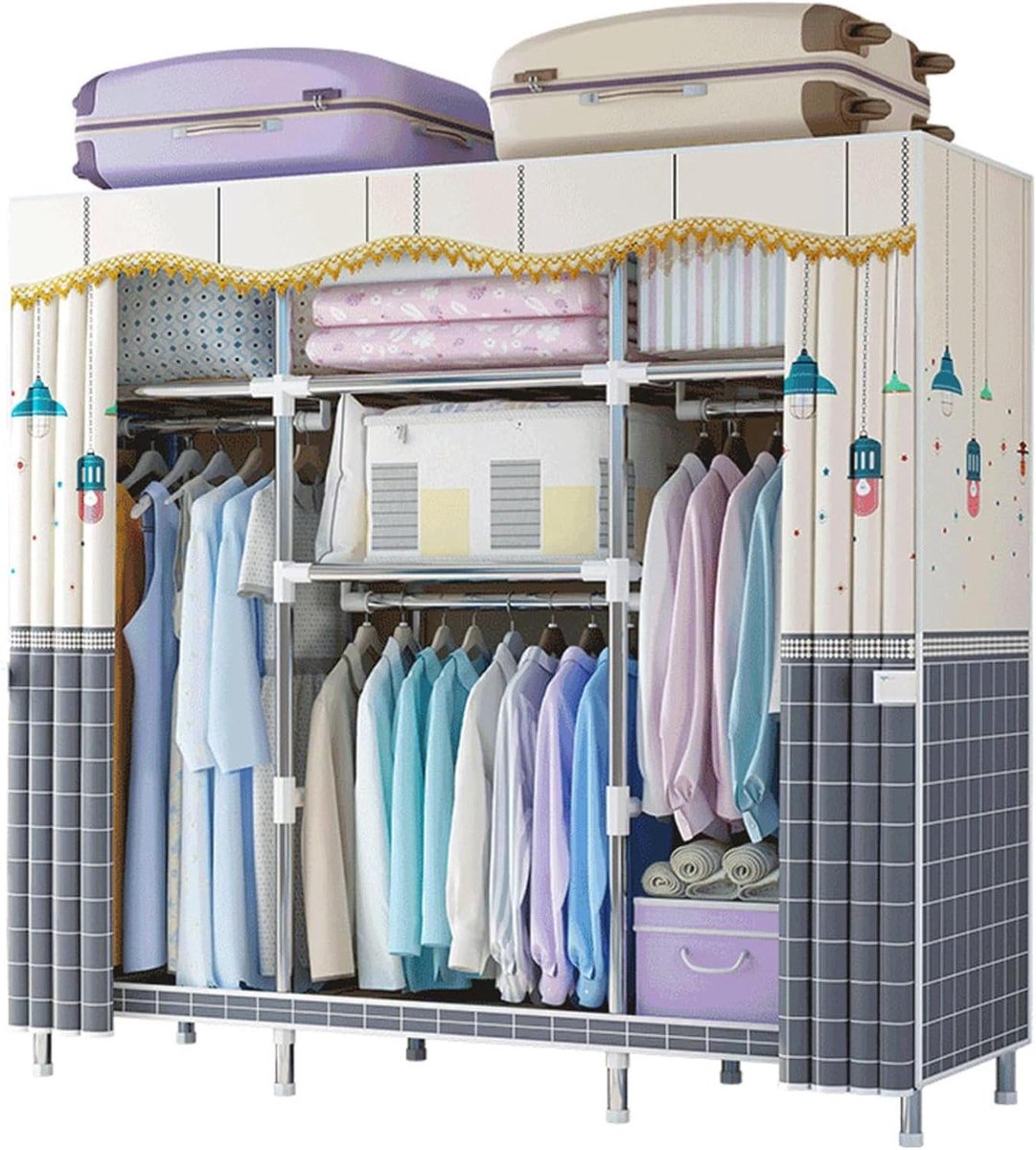 Draagbare kledingkast - Stoffen kast - Kleding opbergen - Ruime opbergruimte - 143x45x170cm - Beige