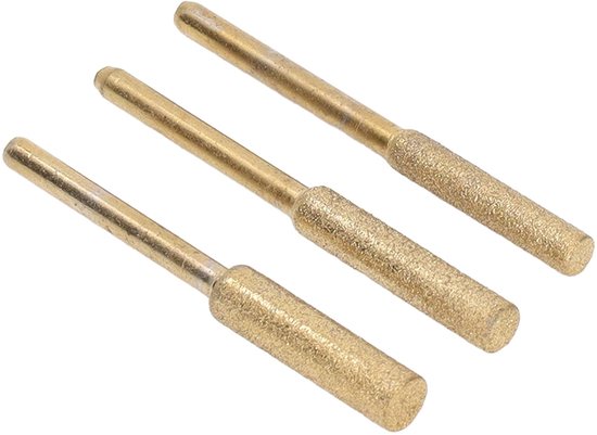 Drie gouden, cilindervormige slijpstiften met een ruw oppervlak en een gladde schacht.