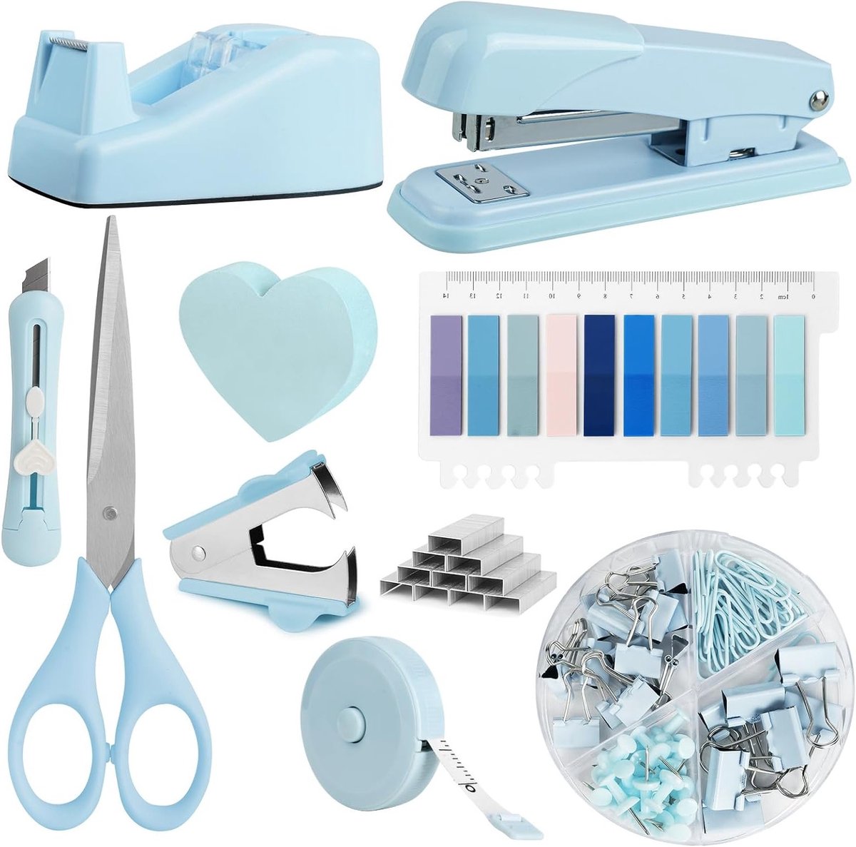 Accessoireset bureaubenodigdheden - nietmachine plakbandhouder nietjesverwijderaar - blauw Studenten - schaar stanleymes rolmaat plaknotities clips