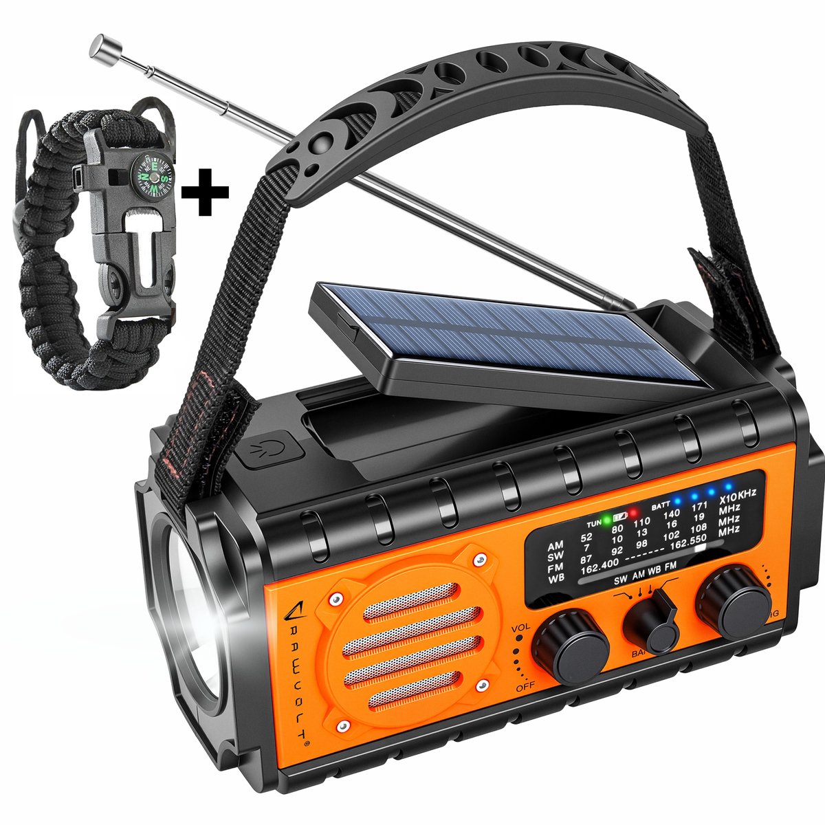 RAWVOLT® - NIEUW - Noodradio SW20K - 20000mAh Li-ion Accu - Solar Opwindbaar - Powerbank, Zaklamp, SOS Alarm & Leeslamp - 2026 model voor indoor, outdoor en in noodpakket - incl. Multi-Function Survival Armband - Tango Orange