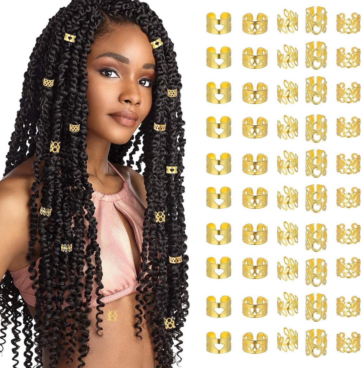 carmdering - Haarschmuck Gold Set - Gouden Haaraccessoires - Dreadlock Perlen Set - 50 Stuks Diversiteit - Eenvoudig Aanpasbaar - Hoogwaardige Legering - Unieke Stijl Creëren - Voor Elke Gelegenheden - 50 Stuks