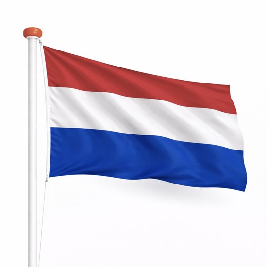 Nederlandse vlag met rode, witte en blauwe banen aan een witte vlaggenmast.
