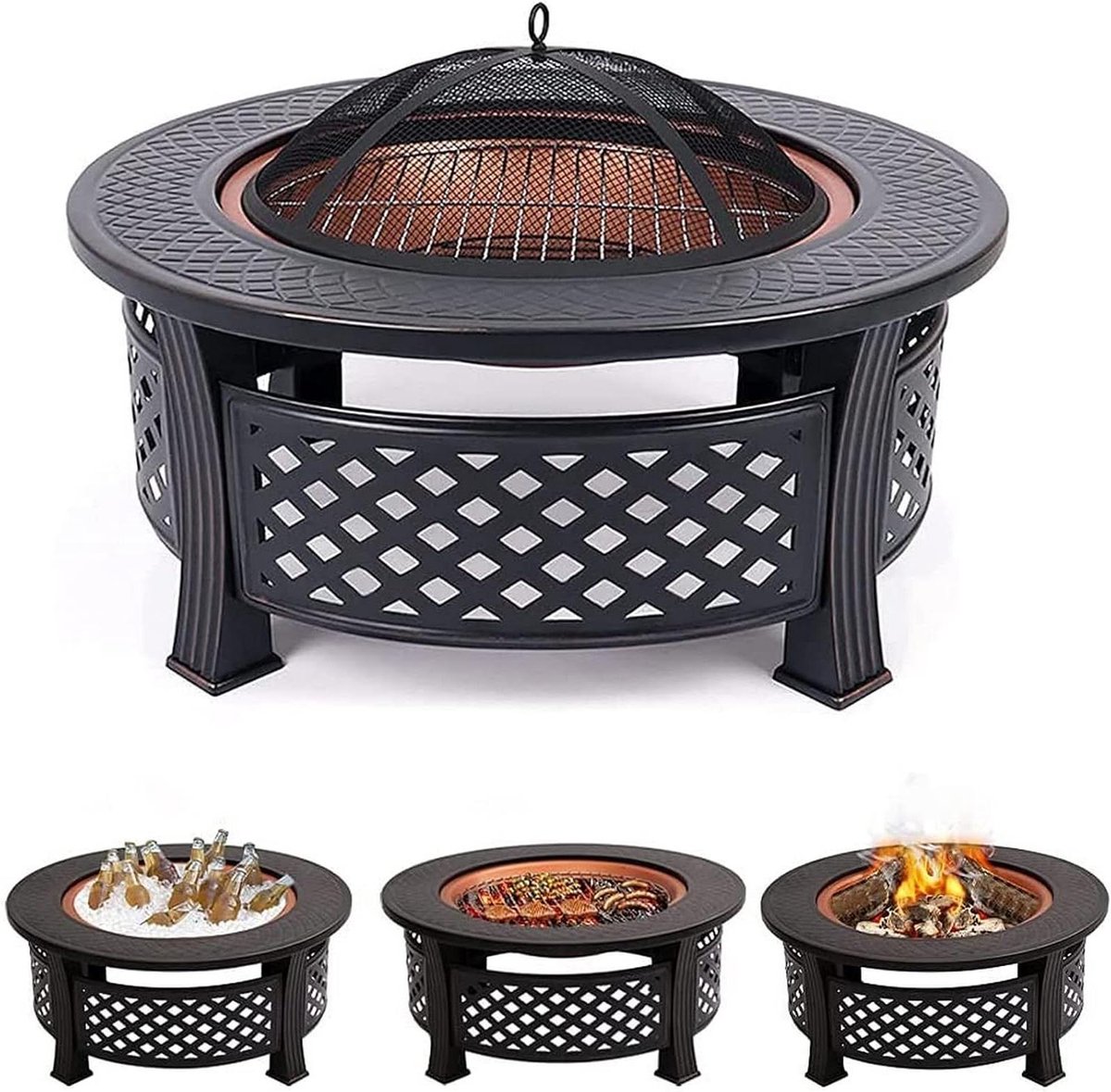 Buitenhaard met BBQ - Vuurkorf Terrasverwarmer - Verwarmen en Grillen - 3-in-1 Multifunctioneel - 81 cm Diameter - Zwart