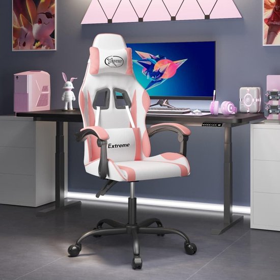 Gamingstoel Kunstleer - Stoel Speelstoel - Comfortabel Gametijd - Verstelbare Rugleuning - 1 stuk - Wit Roze — afbeelding 2