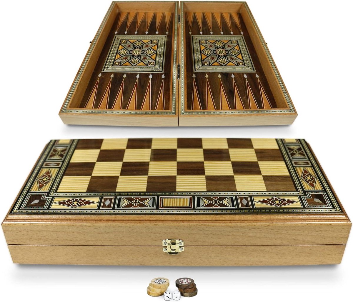 Houten Speelbord - Backgammon Schaakspel - Strategisch Spel - Handgemaakt Inlegwerk - 40 x 40 cm - Bruin
