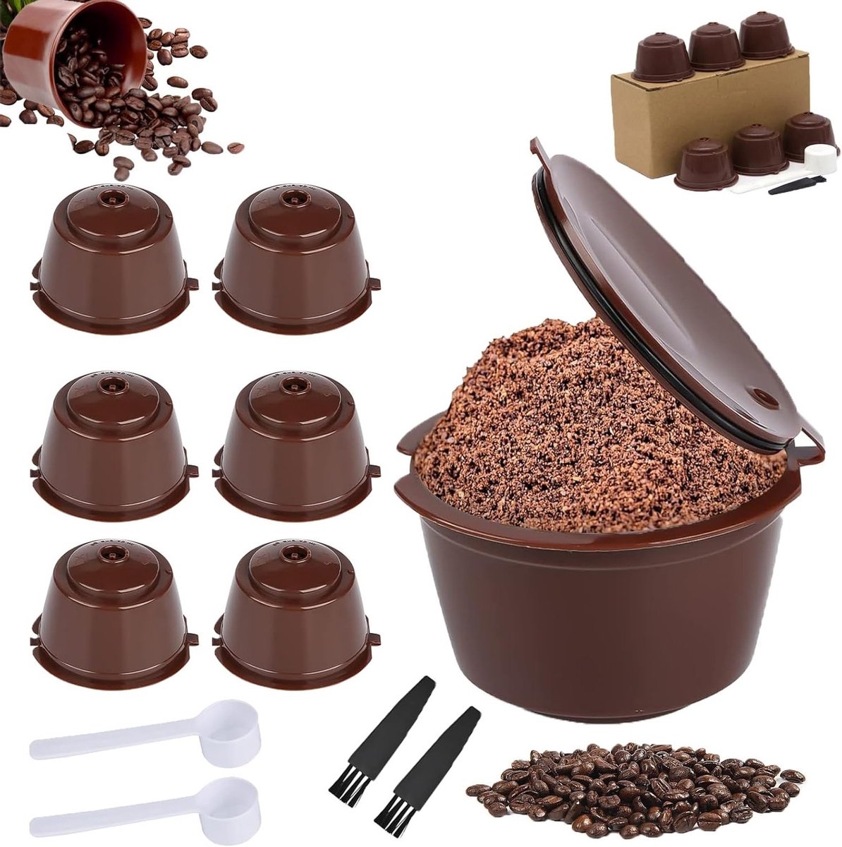 Herbruikbare Koffiecapsules Set van 6 met 2 Lepels en 2 Borstels voor Koffiefilters - Perfect voor Thuis en Kantoor, Geschikt voor Decaf Koffie
