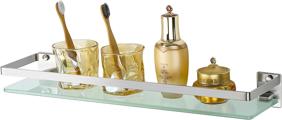 Badkamer Glazen Plank met Rail - Wandplank van RVS, Douche Plank, 50CM, 7MM Dikte, Modern Design