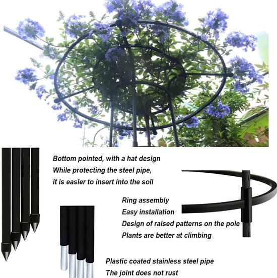 Zwarte plantensteun met ringen en puntige uiteinden. Verhoogde patronen op de paal voor betere begroeiing.