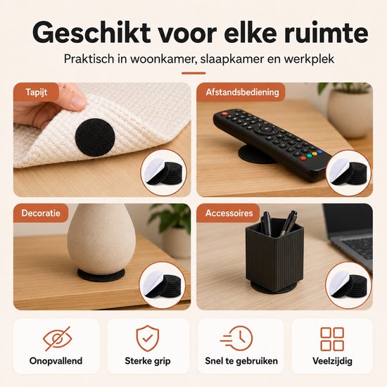 Vier afbeeldingen tonen ronde zwarte klittenbandjes die gebruikt worden voor tapijt, een afstandsbediening, decoratie en accessoires.