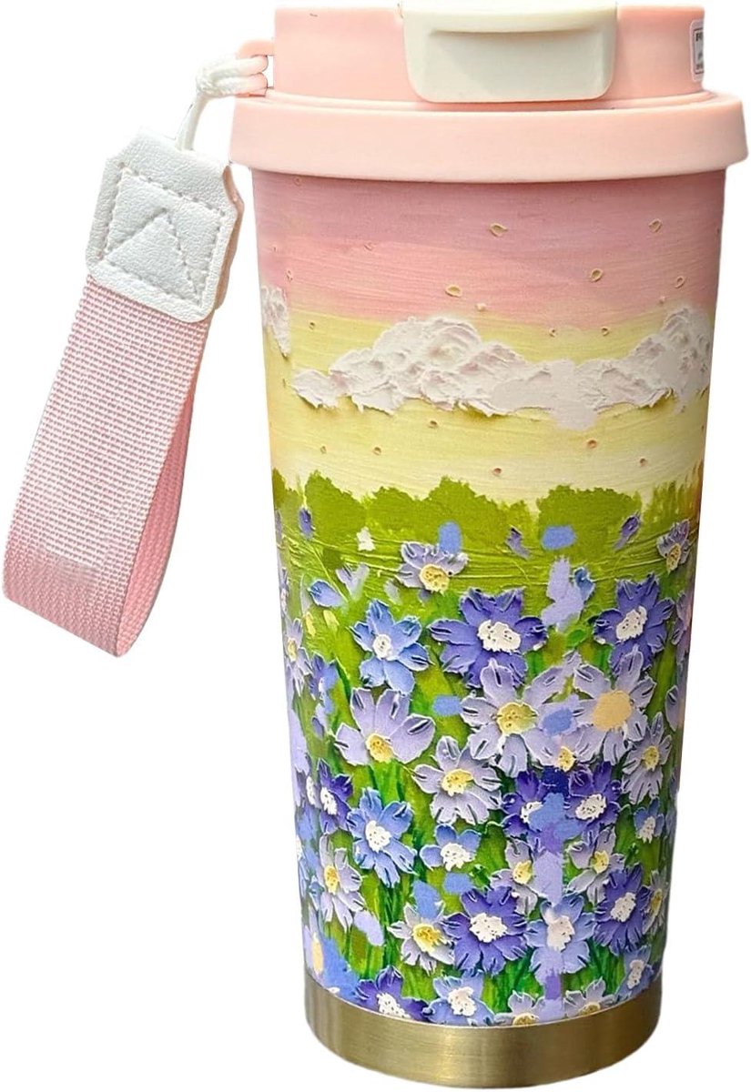 Thermo Reismok - Bloemen Mok - Warme Dranken - Dubbele Drankmodi - 500 ml - Madeliefje