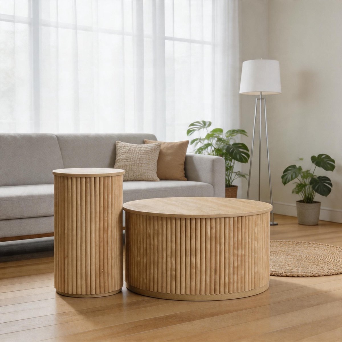Komhtom - Dubbele ronde salontafel - Bijzettafel met natuurlijke houten latten - Multifunctionele salontafel